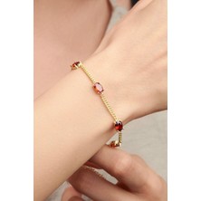 TMT Silver Gümüş Altın Kaplama Oval Kırmızı Lal Garnet Taşlı Gurmet Zincirli Bileklik