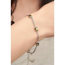 TMT Silver Gümüş Oval Koyu Yeşil Zirkon Taşlı Gurmet Zincirli Bileklik