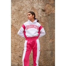 Parkkaron Kadın Beyaz Kapüşonlu Baskı Detay Garnili Şardonlu Takım