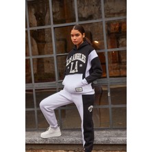 Parkkaron Kadın Siyah Baskı Detay Kanguru Cepli Şardonlu Takım