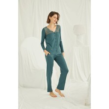 Monamise 19307 Kadın Uzun Kollu Yakası ve Omzu Dantelli Önü Boydan Düğmeli Pijama Takımı-Yeşil