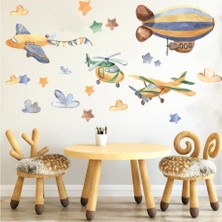 Lizpo Decor Suluboya Uçaklar Yıldız Bulut Konsepti Çocuk Odası Dekorasyonu