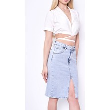 Its Basic Kadın Ice Kot Rengi Esnek Kumaş Önden Yırtmaçlı Midi Boy Denim Etek