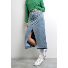Its Basic Kadın Snow Kot Rengi Derin Yırtmaçlı Yüksek Bel Uzun Denim Etek