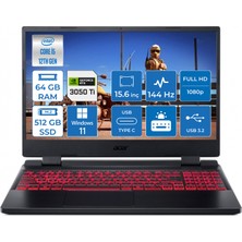 Acer Nitro 5 AN515-58 Intel Core i5 12500H 64GB 512GB SSD 4GB RTX3050Ti Windows 11 Home 15.6″ FHD 144Hz Taşınabilir Bilgisayar NH.QFLEY.001007