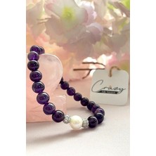 Crazy Takı Tasarım 8 mm Ametist & Hakiki Kültür Incili Doğaltaş Bileklik