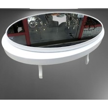 Bengi Ticaret  Orta Sehpa Dönerli Oval Rus Tarz Model Kayın Retro Ayak Sağlam Şık Mdf Tabla Parlak Beyaz Füme Üst Cam