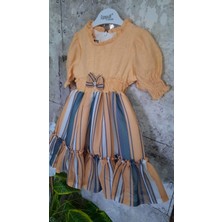 Pampal Kız Çocuk Yarımkol Çizgili Taçlı Elbise