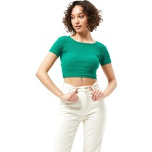 Kasheha Yeşil Kısa Kollu Bisiklet Yaka Likralı Örme Kaşkorse Crop Bluz - KSH00106