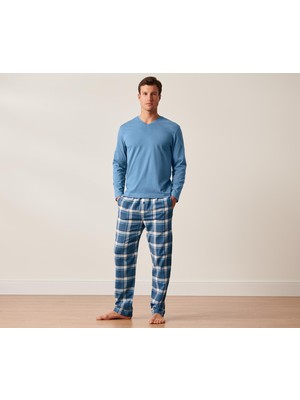 Tchibo Flanel Pijama Takımı, Mavi Kareli