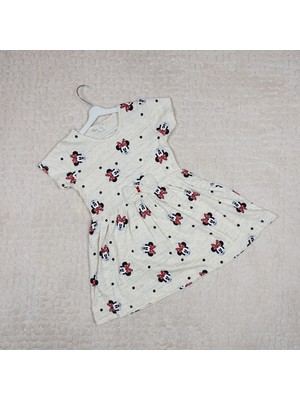 Minnie Mouse Desenli Fiyonk Detaylı Kısa Kol Elbise