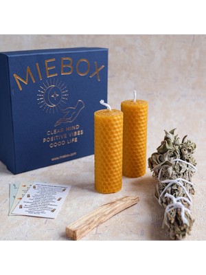 MIEBOX Arınma ve Enerji Seti %100 Doğal (Palo Santo Tütsü + Balmumu Mum + Adaçayı Tütsüsü)