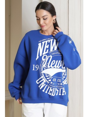 Nazen Giyim Yazı Detaylı Uzun Kollu Saks Kadın Sweatshirt  3592-2K3