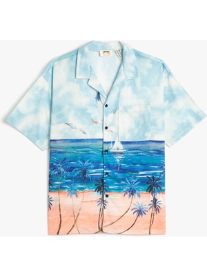 Koton Kısa Kollu Cepli Yaz Temalı Erkek Çocuk Gömlek Mavi Batik Desenli Rahat Stil