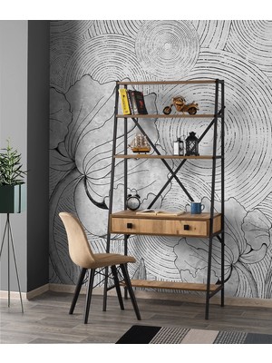 Evistro Çalışma Masası 2 Çekmeceli Ferforje 3 Raflı Atlantik Çam Demonte