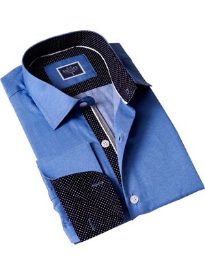 Exve Exclusive Mavi Oxford Yaka ve Göğüs Pat Detaylı Fransız Duble Manşet Kol Düğmeli Hediye Karton Kutulu Gömlek