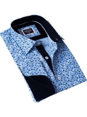 Exve Exclusive Mavi Üzeri Beyaz Çiçek Baskılı Fransız Duble Manşet Kol Düğmeli Hediye Karton Kutulu Gömlek