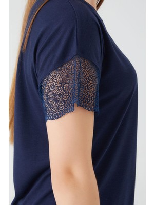 Pierre Cardin 8563 Lace Sleeve Lacivert Kadın Kısa Kol Pijama Takım