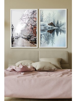 Özcanlar Çerçeve Beyaz Çerçeveli Tablo Modern Sanatsal  Dekorasyon Ev Dekoru Ikili Çerçeve Kış Manzarası