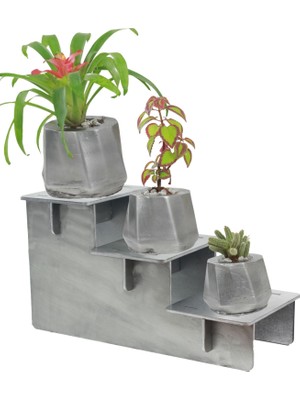 Stein Kohle Ayaklı Saksı Ahşap Büyük Boy 3 Adet Gümüş Renk Eskitme Uygulamalı Kalın Çizgi Model