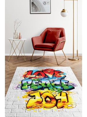 Homshtag Huzur ve Keyif Çok Renkli Genç Odası Halısı Dokuma Tabanlı Dekoratif Graffiti Halısı