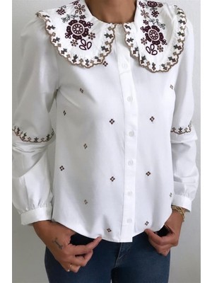 Mia Butik Kadın Krem Geniş Bebe Yaka Gömlek