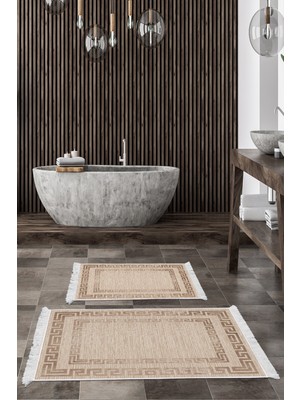 Dekoreko Kaymaz Taban Djt 2'li Banyo Paspas Takımı Star Pamuk Saçaklı Modern F5036 Bej