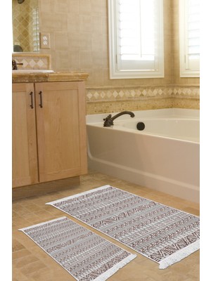 Dekoreko Kaymaz Taban Djt 2'li Banyo Paspas Takımı Trend Saçaklı Iskandinav F5082 Kahve