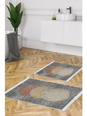 Dekoreko Kaymaz Taban Djt 2'li Banyo Paspas Takımı Trend Saçaklı Modern E4052 Kahve Krem Bej