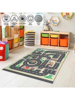 Carpettex Çocuk Bebek Odası Oyun Halısı Trafik Temalı Sarı Gri Halı Kaymaz Taban Yıkanabilir