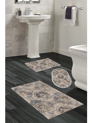Dekoreko Kaymaz Taban Djt 3'lü Banyo Paspas Takımı Trend Karışık Modern 1903M Krem