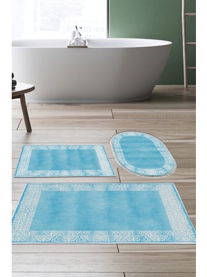 Dekoreko Kaymaz Taban Djt 3'lü Banyo Paspas Takımı Trend Karışık Modern 1460 Mavi