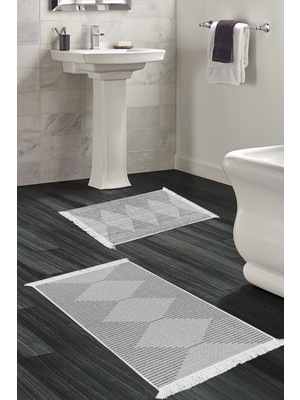 Dekoreko Kaymaz Taban Djt 2'li Banyo Paspas Takımı Trend Saçaklı Iskandinav F5085 Gri