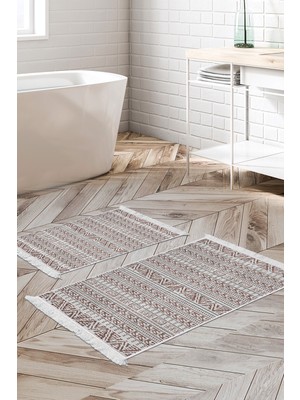 Dekoreko Kaymaz Taban Djt 2'li Banyo Paspas Takımı Yıldız Deri Saçaklı Iskandinav F5082 Kahve