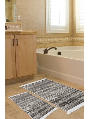 Dekoreko Kaymaz Taban Djt 2'li Banyo Paspas Takımı Yıldız Deri Saçaklı Iskandinav F5080 Antrasit