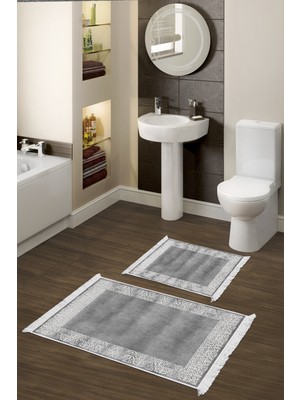 Dekoreko Kaymaz Taban Djt 2'li Banyo Paspas Takımı Trend Saçaklı Modern 1460 Gri