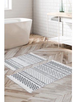 Dekoreko Kaymaz Taban Djt 2'li Banyo Paspas Takımı Yıldız Deri Saçaklı Iskandinav F5086 Lacivert