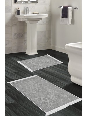 Dekoreko Kaymaz Taban Djt 2'li Banyo Paspas Takımı Yıldız Deri Saçaklı Iskandinav F5137 Gri