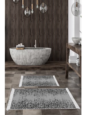 Dekoreko Kaymaz Taban Djt 2'li Banyo Paspas Takımı Trend Saçaklı Iskandinav MU123 Gri