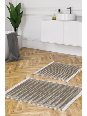 Dekoreko Kaymaz Taban Djt 2'li Banyo Paspas Takımı Star Pamuk Saçaklı Modern M5045 Kahve