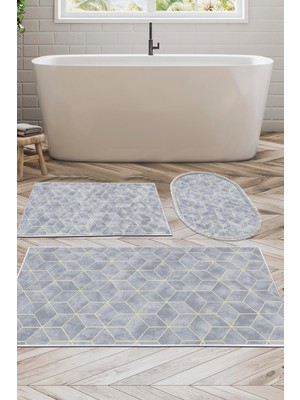 Dekoreko Kaymaz Taban Djt 3'lü Banyo Paspas Takımı Trend Karışık Modern 627M Mavi