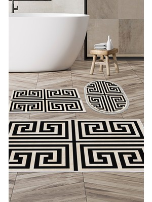 Dekoreko Kaymaz Taban Djt 3'lü Banyo Paspas Takımı Yıldız Deri Karışık Modern 658M Siyah