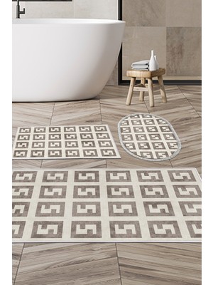 Dekoreko Kaymaz Taban Djt 3'lü Banyo Paspas Takımı Yıldız Deri Karışık Modern 606M Bej