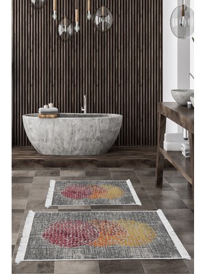 Dekoreko Kaymaz Taban Djt 2'li Banyo Paspas Takımı Yıldız Deri Saçaklı Modern E4052 Krem Oranj Kırmızı