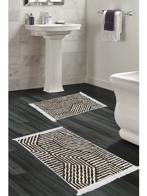 Dekoreko Kaymaz Taban Djt 2'li Banyo Paspas Takımı Star Pamuk Saçaklı Modern 713 Kahve