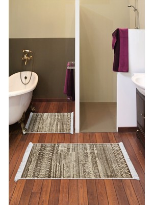 Dekoreko Kaymaz Taban Djt 2'li Banyo Paspas Takımı Yıldız Deri Saçaklı Iskandinav F5080 Kahve