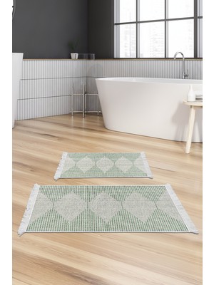 Dekoreko Kaymaz Taban Djt 2'li Banyo Paspas Takımı Yıldız Deri Saçaklı Iskandinav F5085 Yeşil