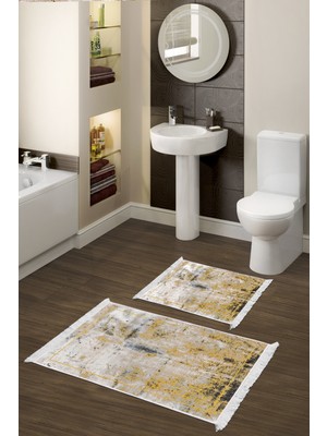 Dekoreko Kaymaz Taban Djt 2'li Banyo Paspas Takımı Yıldız Deri Saçaklı Modern M12271 Hardal