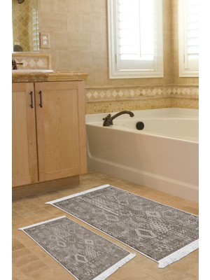 Dekoreko Kaymaz Taban Djt 2'li Banyo Paspas Takımı Yıldız Deri Saçaklı Iskandinav F5137 Kahve