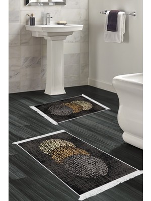 Dekoreko Kaymaz Taban Djt 2'li Banyo Paspas Takımı Star Pamuk Saçaklı Modern E4052 Bej Krem Mavi